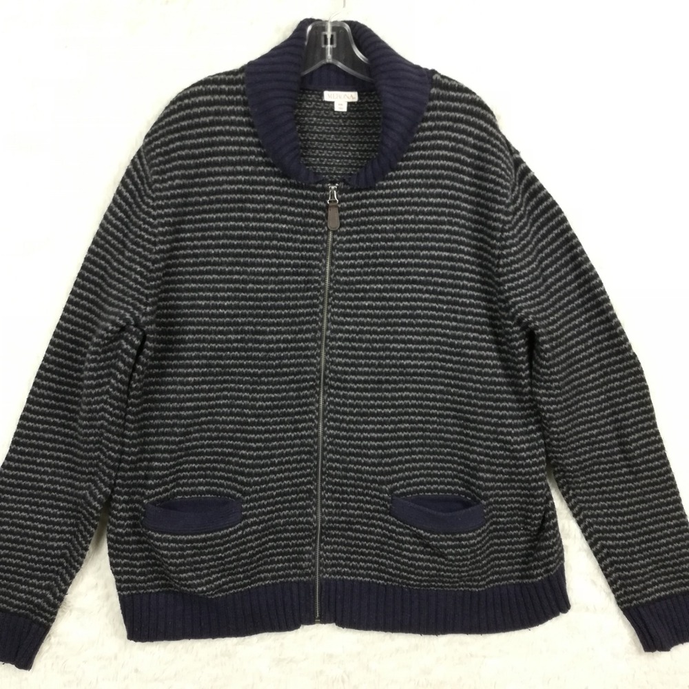 Merona‎ Mens Cardigan Sweater Wool Blend Full Zip Navy Stripe Grandpacore XXL